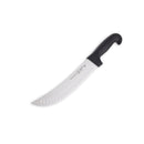 The Messermeister Pro Series Kullens Scimitar - 10" features a curved, serrated silver German stainless steel blade and a black ergonomic handle, displayed on a white background.