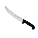 The Messermeister Pro Series Kullens Scimitar - 10" is a large, curved butcher knife by Messermeister with a German stainless steel blade, oval indentations, and a black ergonomic handle, shown isolated on a white background.