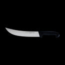 The Messermeister Pro Series Kullens Scimitar - 10", featuring a curved German stainless steel blade and black handle, is displayed against a solid black background.