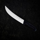 The Messermeister Pro Series Kullens Scimitar - 10" knife, featuring a curved German stainless steel blade and black handle, rests on a dark, textured surface.