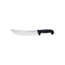 The Messermeister Pro Series Kullens Scimitar - 10" by Messermeister is a large butcher knife with a curved German stainless steel blade and black ergonomic handle, shown on a white background.