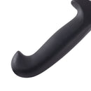 Close-up of the Messermeister Pro Series Kullens Scimitar - 10" knife's black ergonomic handle with curved finger guard and textured grip, designed for comfort, by Messermeister, isolated on white background.