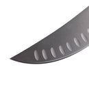 Close-up of the Messermeister Pro Series Kullens Scimitar - 10" knife blade with a sharp edge and oval dimples, crafted from German stainless steel, by Messermeister, isolated on a white background.
