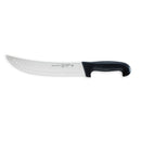 The Messermeister Pro Series Kullens Scimitar - 10" features a long German stainless steel blade with oval indentations and a black ergonomic handle, displayed on a white background.