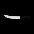The Messermeister Pro Series Kullens Scimitar - 10", featuring a black handle and curved blade, is displayed against a plain black background.