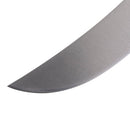 Close-up of the sharp, curved tip of the Messermeister Pro Series Kullens Scimitar - 10" knife blade against a white background.