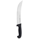 The Messermeister Pro Series Kullens Scimitar - 10" features a curved German stainless steel blade and a black ergonomic handle, displayed against a white background.