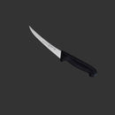The Messermeister Pro Series Semi-Flex Curved Boning Knife - 6" features a narrow German stainless steel blade and a black ergonomic handle, displayed against a plain dark gray background.