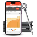 The FireBoard Pulse by Fireboard is shown next to a metal probe and a stack of four precision BBQ thermometer devices, with its temperature graph displayed on the smartphone app.
