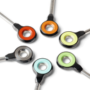 Six circular FireBoard Pulse stethoscope heads by Fireboard, in black with colorful rings—red, orange, yellow, green, blue, and gray—are arranged in a hexagonal pattern on a white background, evoking the modern design of a precision BBQ thermometer or Bluetooth meat thermometer.