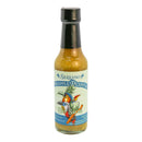 A bottle of Powerful Pepper Serrano Pineapple Plantain Hot Sauce from Powerful Pepper Company, featuring an illustrated label with a pineapple, plantain, pepper, and onion. This all-natural hot sauce comes in a bottle with a black cap and contains a light yellow-green tropical blend.