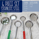 Portion Control Serving Spoon Set with stainless steel 6 piece ladles and color coded handles for accurate portioning at DDR BBQ Supply