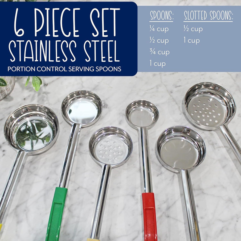 Portion Control Serving Spoon Set with stainless steel 6 piece ladles and color coded handles for accurate portioning at DDR BBQ Supply