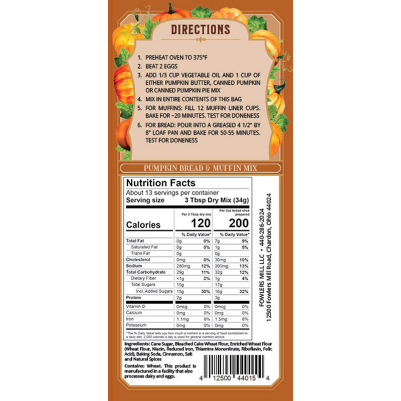 Pumpkin bread and muffin mix from Fowler's Mill at DDR BBQ Supply Ingredient Label