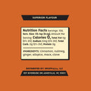 Nutrition facts label for Spicewalla Pumpkin Spice—a cozy Aromatic Spice Blend ideal for fall baking. Features 108 servings, 0 calories, and ingredients: cinnamon, nutmeg, ginger, allspice, mace, clove. Distributed by Spicewalla in Asheville, NC. Orange background.
