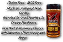 A bottle of Butcher BBQ Queen Bee BBQ Seasoning Rub sits beside text highlighting its gluten-free, MSG-free formula, made in a peanut-free facility and small-batch blended with herbs, rosemary, honey, and sugar flavors. Brand: Butcher BBQ.