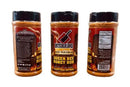 Three bottles of Butcher BBQ Queen Bee BBQ Seasoning Rub by Butcher BBQ are shown with front, side, and back labels visible—ideal for adding a sweet honey barbecue flavor to your dishes. Labels display branding, product info, and nutrition facts.