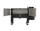 The Myron Mixon Smokers Gravity Fed Smoker RFG-60 is a large, black rectangular outdoor grill with double doors revealing spacious racks; it stands on four wheels for easy mobility, ideal for competition-level smoking.