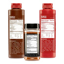 The Redneck Lipstick Variety Pack – Original Sauce, Hot & Spicy Sauce & Seasoning by Redneck Lipstick includes two tall bottles of barbecue sauce (Original and Hot & Spicy) and one shorter jar of seasoning, each featuring nutrition facts and ingredient lists on their front labels.
