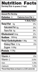 Nutrition facts for a 6g serving of SALTOPIA Infused Sea Salts Garlic & Onion Salt: ROOT MATES—9 calories, 0g fat, 0mg cholesterol, 389mg sodium, 1.98g carbs, 0.38g protein, Vitamin C, iron, calcium. No fiber or sugars.