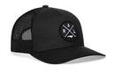 The Haka Hat Raleigh Trucker Hat is a black 5-panel snapback with a mesh back and a round front patch showing the letters R, A, L separated by lines and a small fish graphic at the bottom. Brand: Haka Hat.