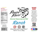 Label for Pawpa Flavor Ranch No Sugar Seasoning & Rub by Pawpa Flavor LLC, featuring a bear logo, nutrition facts, social media information, and text highlighting our delicious low sodium Ranch seasoning. Net weight: 10 oz (283g). Instructions to shake well included.