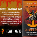 A bottle of Elijah's Xtreme Ranchers Revenge (Ghost Pepper) hot sauce by Elijah's Xtreme is shown next to a description highlighting its bold flavor and spice level, rated 8 out of 10 on the heat scale, with a background featuring dripping hot sauce.