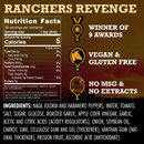Nutrition facts and ingredients for Elijah’s Xtreme Ranchers Revenge (Ghost Pepper) hot sauce by Elijah’s Xtreme. This award-winning hot sauce has earned 9 top honors, and is vegan, gluten free, and contains no MSG or extracts. Ingredients and nutritional details are clearly listed on a rich brown background.