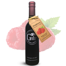 A bottle of Georgetown Olive Oil Co. Raspberry Balsamic Vinegar sits in front of a large raspberry graphic background.