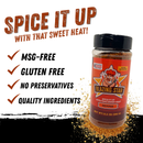 A bottle of Blazing Star BBQ's Blazing Star Reaper Rub and Seasoning—a bold Carolina Reaper blend—sits next to text highlighting: MSG-free, gluten free, no preservatives, and quality ingredients. Vibrant orange spice powder is scattered below, showcasing this flavorful BBQ rub perfect for those who crave an extra-spicy kick.