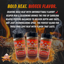 Three bottles of Blazing Star BBQ’s Blazing Star Reaper Rub and Seasoning are displayed on a table with grilled meats and spices, showcasing bold heat and robust flavor made from the world’s hottest peppers. Text emphasizes the intense taste and lingering heat of this distinctive BBQ seasoning.