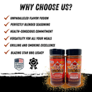 Two Blazing Star BBQ Blazing Bundle spice bottles display text highlighting their flavor, seasoning, health benefits, versatility, grilling excellence, and BBQ legacy. The bundle features the Carolina Reaper seasoning for a fiery kick and unmatched heat. Veteran owned and quality icons are shown.