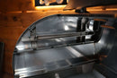 A Pimp My Grill® Gen2 Slide-Out Rack System - 1 Rack with carbon steel grates installed inside the drum of a Recteq Flagship 1100 grill.