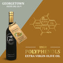 A bottle of Georgetown Olive Oil Co. ROASTED GARLIC ROSEMARY Infused High Polyphenols Extra Virgin Olive Oil, packed with 714 mg/kg polyphenols and just 0.19% FFA for a bold flavor, finished with an elegant brown and gold label.