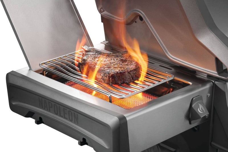 Rogue PRO 625 SIB stainless steel propane grill with infrared side burner at DDR BBQ Supply with steak on side searing station