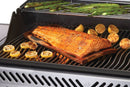 Rogue PRO 625 SIB stainless steel propane grill with infrared side burner at DDR BBQ Supply with salmon on a cedar plank and grilled vegetables