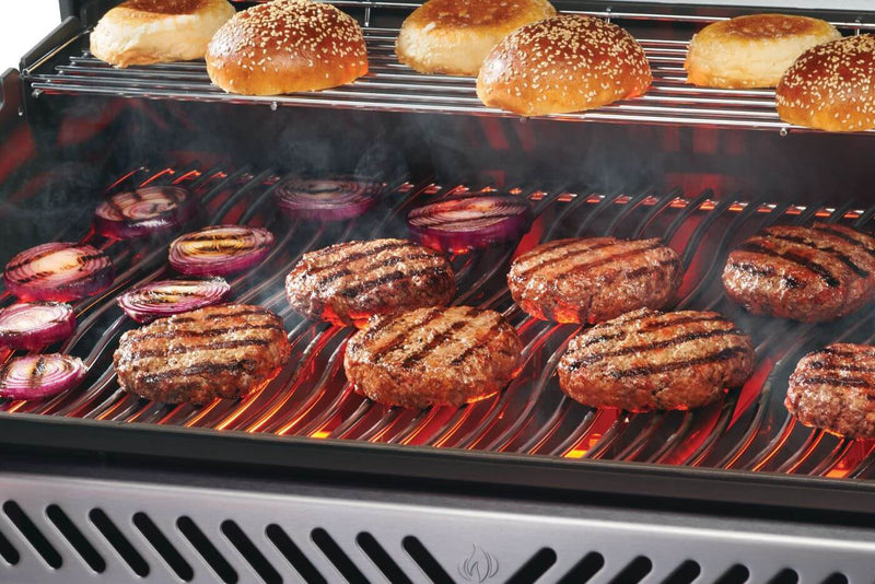 Rogue PRO 625 SIB stainless steel propane grill with infrared side burner at DDR BBQ Supply with food