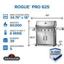 Rogue PRO 625 SIB stainless steel propane grill with infrared side burner at DDR BBQ Supply dimensions