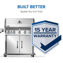 Rogue PRO 625 SIB stainless steel propane grill with infrared side burner at DDR BBQ Supply 5 year warranty