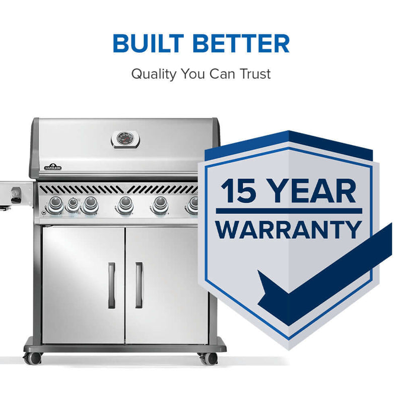 Rogue PRO 625 SIB stainless steel propane grill with infrared side burner at DDR BBQ Supply 5 year warranty