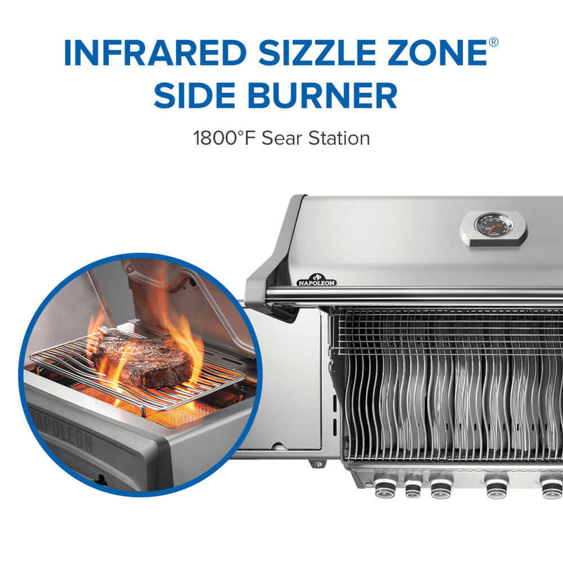 Rogue PRO 625 SIB stainless steel propane grill with infrared side burner at DDR BBQ Supply view of searing station