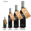 Here’s a rewritten sentence using your product data: Four elegantly labeled bottles of Georgetown Olive Oil Co. Rosé White Balsamic Vinegar—mini (60ml), small (200ml), large (375ml), and extra large (750ml)—are displayed on a white background with tags and text. Perfect for collectors or anyone who enjoys distinguished vinegars such as Modena balsamic or classic white balsamic, these striking bottles from Georgetown Olive Oil Co. add sophistication to any setting.