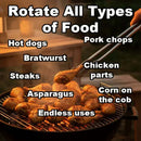 A grill cooking hot dogs, bratwurst, steaks, asparagus, chicken parts, pork chops, and corn on the cob—each labeled—with Butcher BBQ Rotating Barbecue Tongs among other barbecue accessories.
