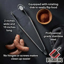 Butcher BBQ Rotating Barbecue Tongs—stainless steel, 2-inch wide, 15-inch long, no hinges for easy cleaning. Includes rotating disk and features the Butcher BBQ logo. Ideal barbecue accessory.