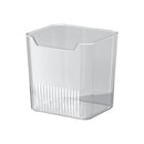 The Lovely Home Icon 1PCS Refrigerator Side Door Storage Box is a clear, square-shaped plastic container featuring a front notch and vertical ridges at the bottom, ideal for organizing food, vegetables, fruit, or eggs in your fridge or kitchen; shown on a white background.