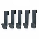 Five identical black metal Lovely Home Icon Multi-Purpose Hooks are arranged in a row on a white background, each featuring a flat top and an upward-curved bottom for conveniently hanging items. This space-saving Kitchen Cabinet Door Back Hook Hanging Rack is perfect for organizing essentials and keeping your space tidy, whether in the kitchen, bathroom, or closet.