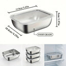 Introducing the Lovely Home Icon 5PCS Stainless Steel Food Storage Containers—stackable, meal prep lunch boxes crafted from food-grade stainless steel. Each rectangular container with lid measures 13.8 x 10.8 x 5 cm, making them ideal for kitchen organization, travel, or keeping your fridge tidy. Shown below: an open container, three stacked together, and one neatly stored in a refrigerator—an eco-friendly solution for reusable food storage from Lovely Home Icon.