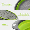 Collage highlighting the features of the Lovely Home Icon Silicone vegetable and fruit cleaning and drainage basket: detailed close-ups showcase its hollow small-hole design, reinforced base, and comfortable handle—demonstrating the foldable, space-saving form of this kitchen water filter net—with informative labels describing each component.