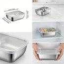 Collage featuring the Lovely Home Icon 5PCS Stainless Steel Food Storage Containers Stackable Meal Prep Lunch Boxes, each with a clear plastic lid and dimensions labeled, shown holding fruit, stored in a fridge, and held by a person. This eco-friendly kitchen storage solution demonstrates the versatility of reusable food containers for everyday use at home or on the go.