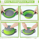 Four images feature hands folding a green and gray Lovely Home Icon Silicone Vegetable and Fruit Cleaning and Drainage Basket into a slim, compact form. The text above reads, “Easy Folding & Save Place.” This collapsible kitchen water filter net is the ideal space-saving solution for convenient storage in any kitchen.